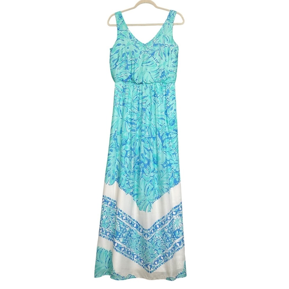 Vineyard Vines Palm Leaf Scarf Print Silk Maxi Dress Size 2 Sleeveless Blue
